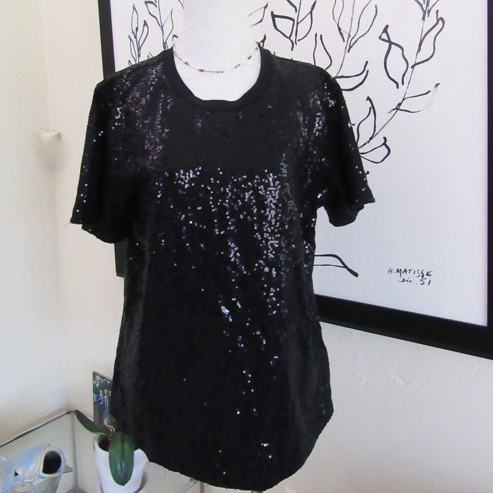 DKNY black sequined top short sleeved  - Women's Large  - Dressy T shirt